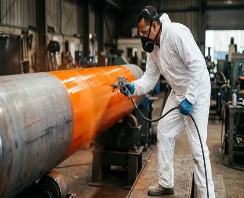 Applicator spraying coating on a large steel pipe
