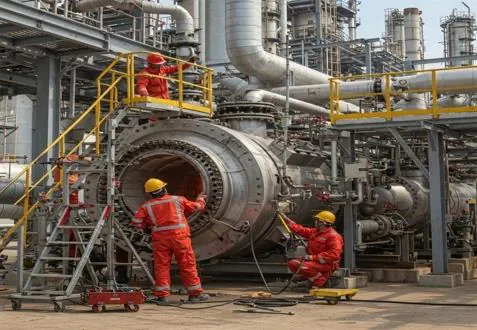 Crew carrying out maintenance on process equipment