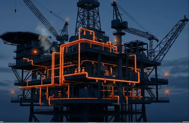 Illustration of an offshore platform with the fire water lines highlighted