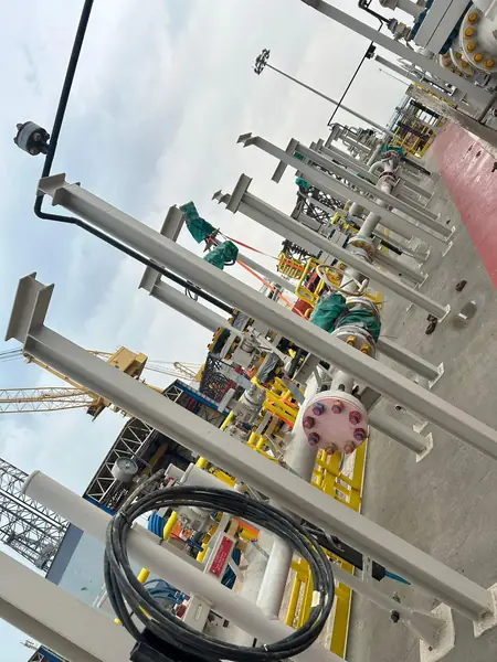 Riser pipework and supports on an offshore platform