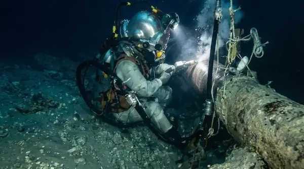 Diver carrying out work on a subsea pipe