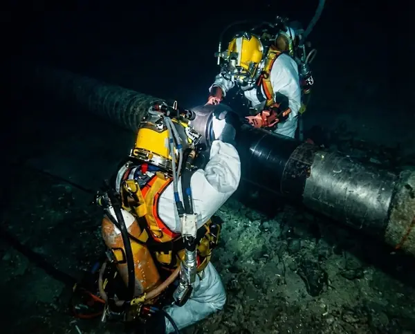 Diver at a pipe joint on the seabed