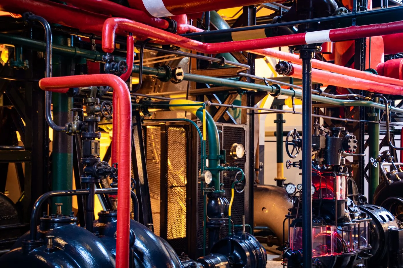 Industrial pumps and pipework in a pump hall